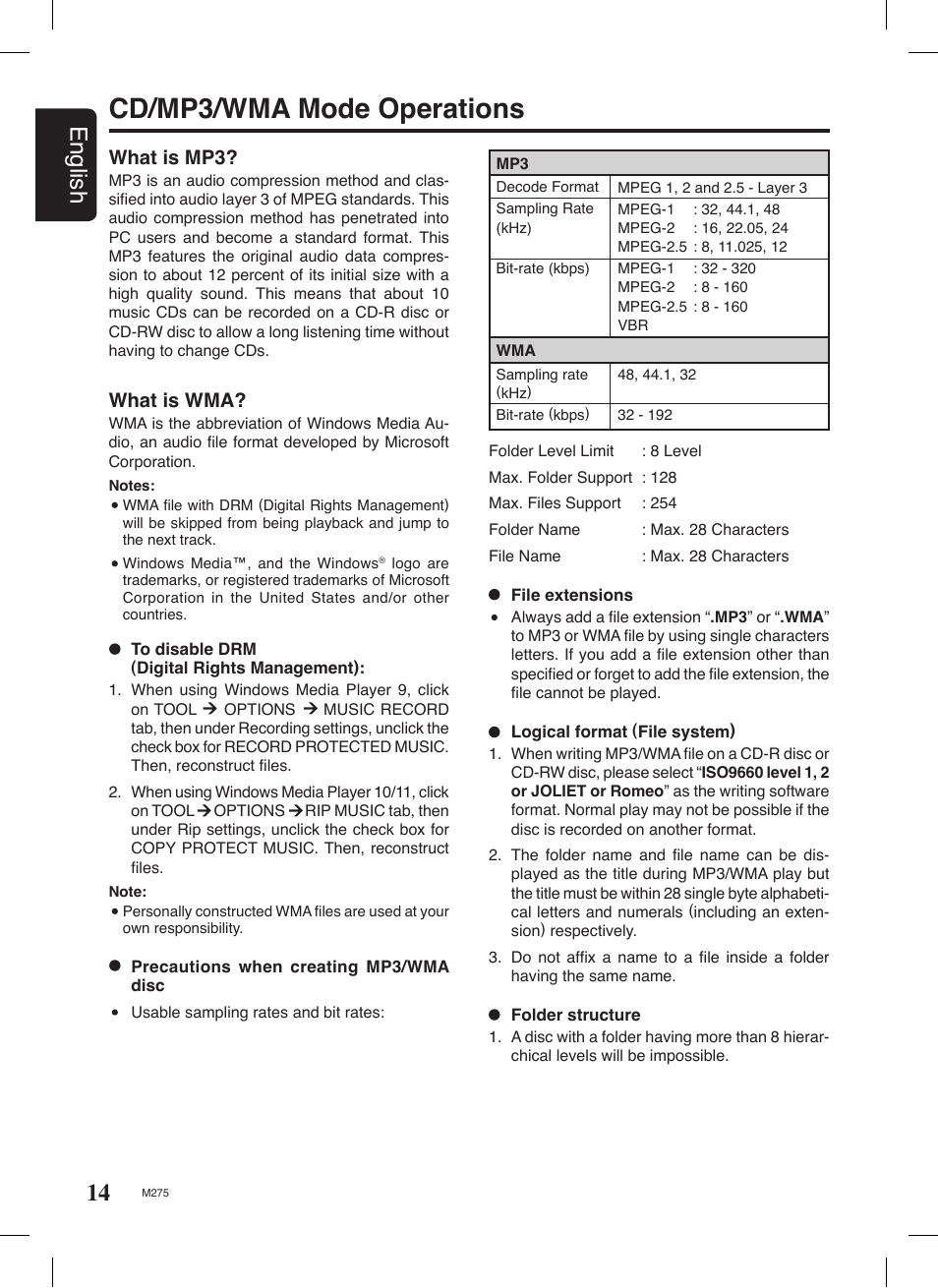 Cd/mp3/wma mode operations, 14 english, What is mp3 | What is wma | Clarion M275 User Manual | Page 13 / 25