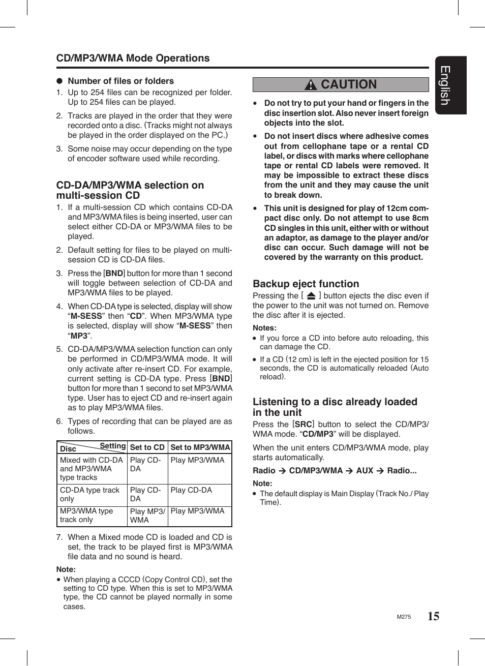 15 english, Caution, Cd/mp3/wma mode operations | Cd-da/mp3/wma selection on multi-session cd, Backup eject function, Listening to a disc already loaded in the unit | Clarion M275 User Manual | Page 14 / 25