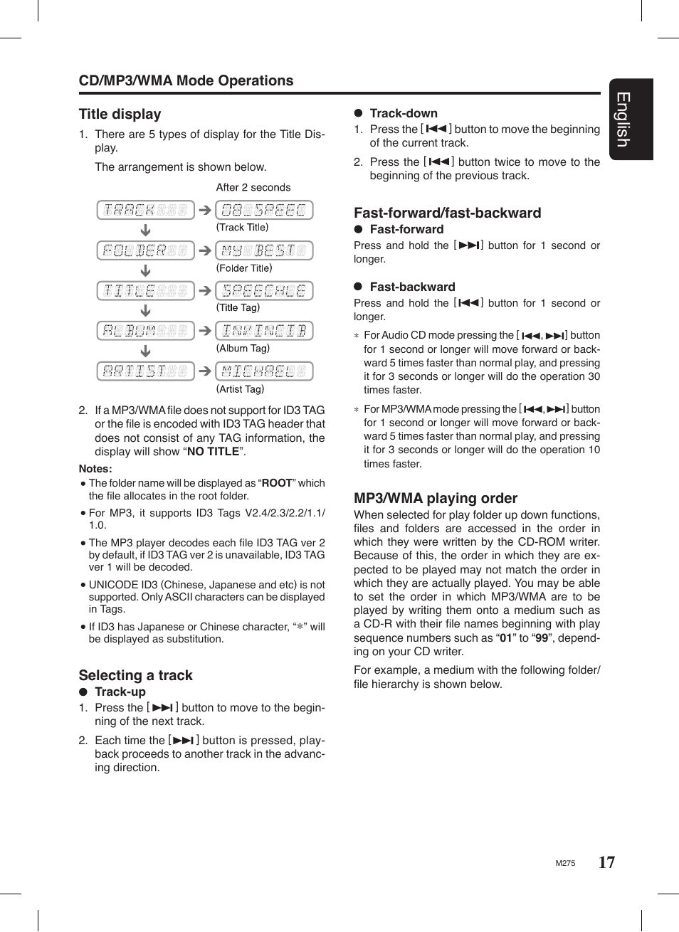 17 english, Fast-forward/fast-backward, Selecting a track | Mp3/wma playing order, Cd/mp3/wma mode operations title display | Clarion M275 User Manual | Page 16 / 25