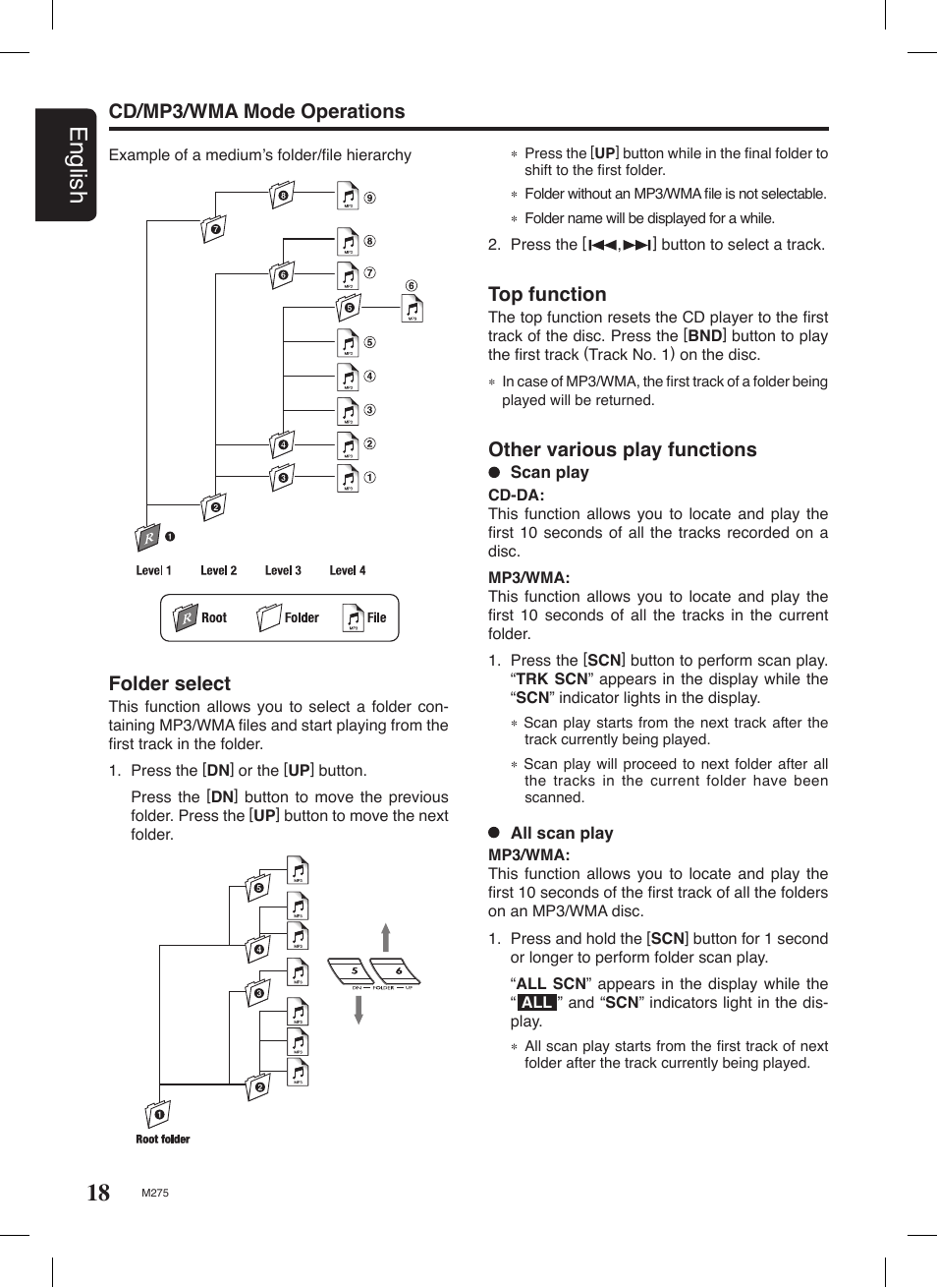 18 english, Cd/mp3/wma mode operations, Other various play functions | Top function, Folder select | Clarion M275 User Manual | Page 17 / 25