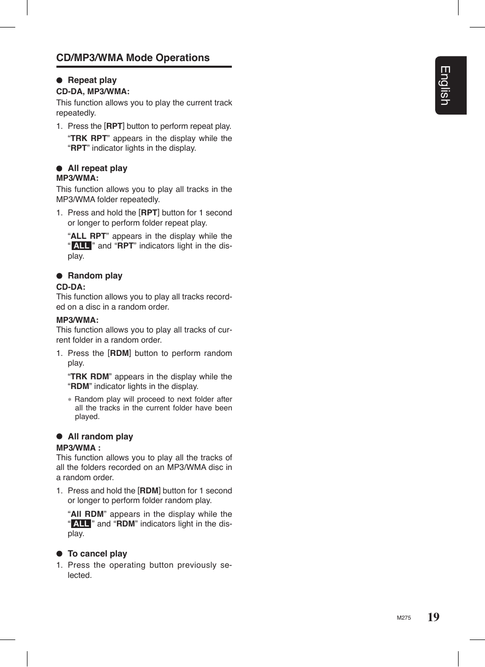 19 english, Cd/mp3/wma mode operations | Clarion M275 User Manual | Page 18 / 25