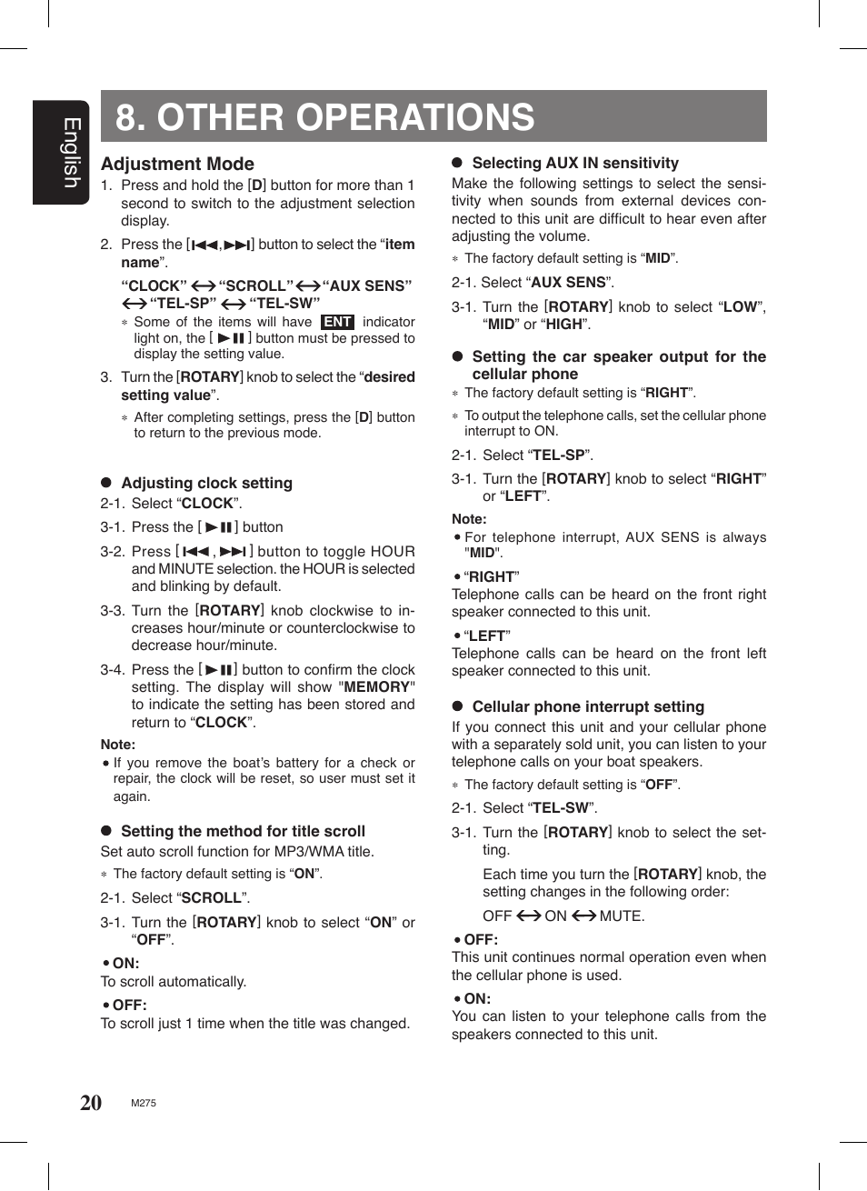 Other operations, 20 english, Adjustment mode | Clarion M275 User Manual | Page 19 / 25