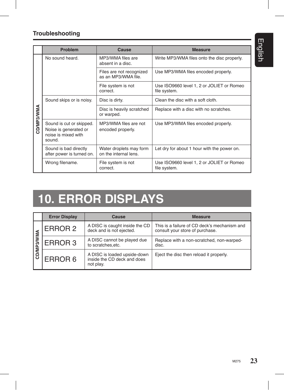 Error displays, 23 english, Error 2 | Error 3 error 6, Troubleshooting | Clarion M275 User Manual | Page 22 / 25