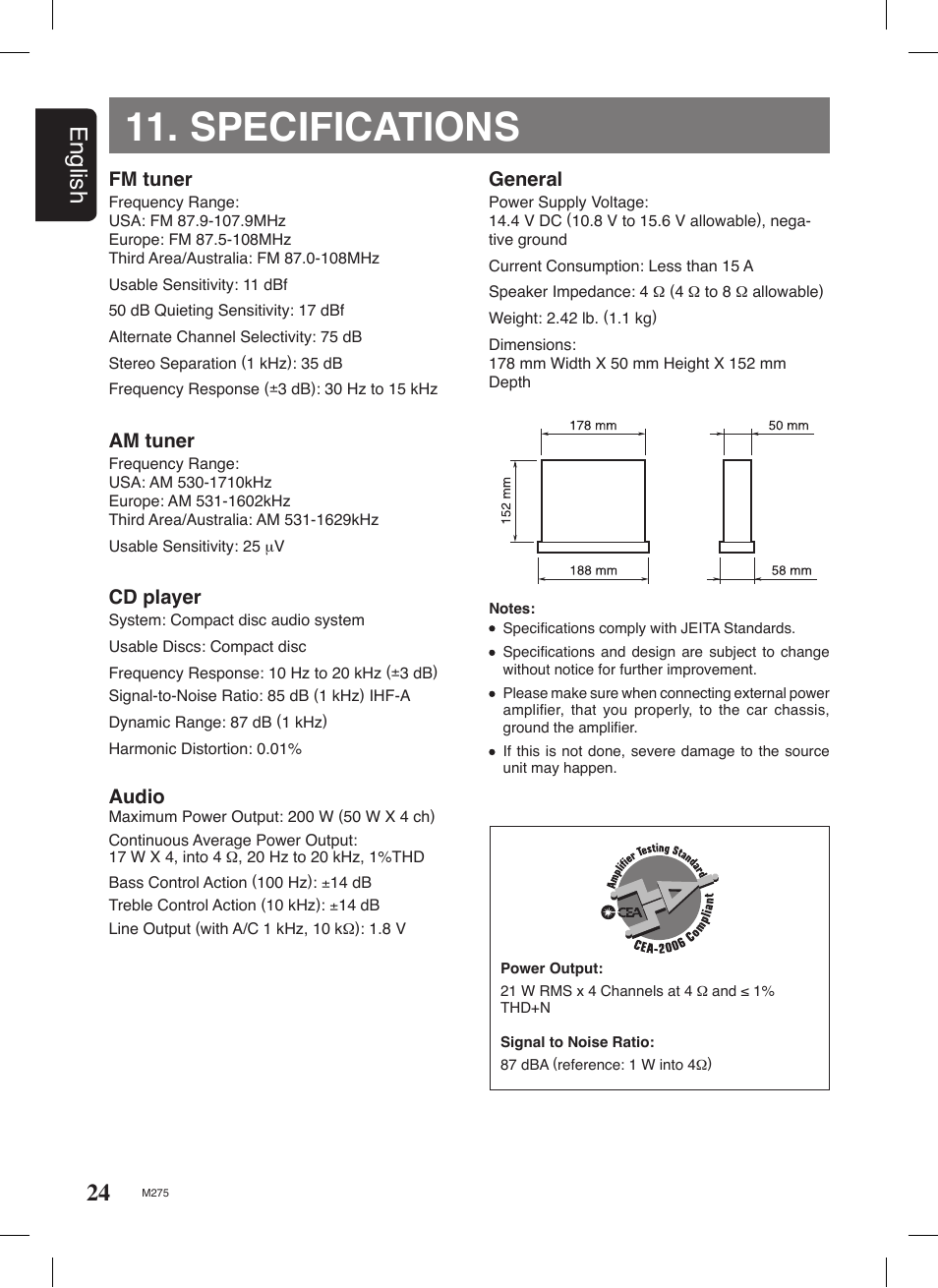 Specifications, 24 english | Clarion M275 User Manual | Page 23 / 25