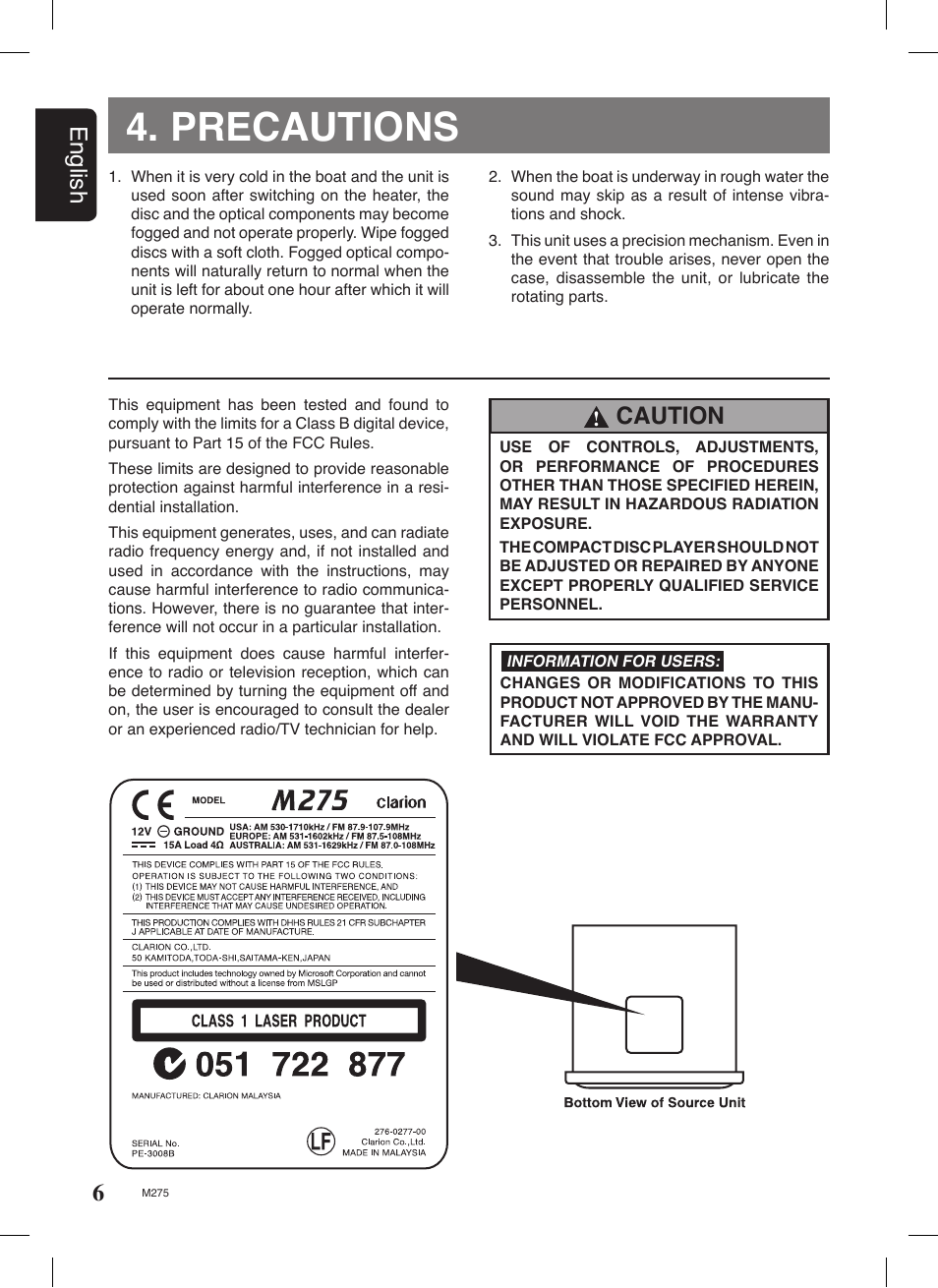 Precautions, 6english, Caution | Clarion M275 User Manual | Page 4 / 25