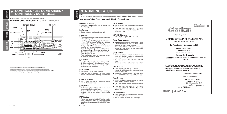 Nomenclature, Controls / les commandes / controlli / controles, Names of the buttons and their functions | English, English français italiano español | Clarion M275 User Manual | Page 6 / 25