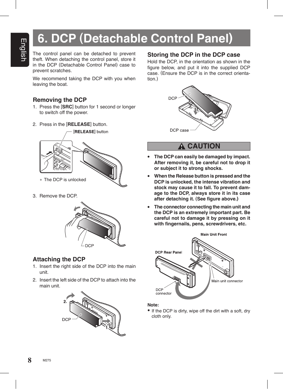 Dcp (detachable control panel), 8english, Caution | Clarion M275 User Manual | Page 7 / 25