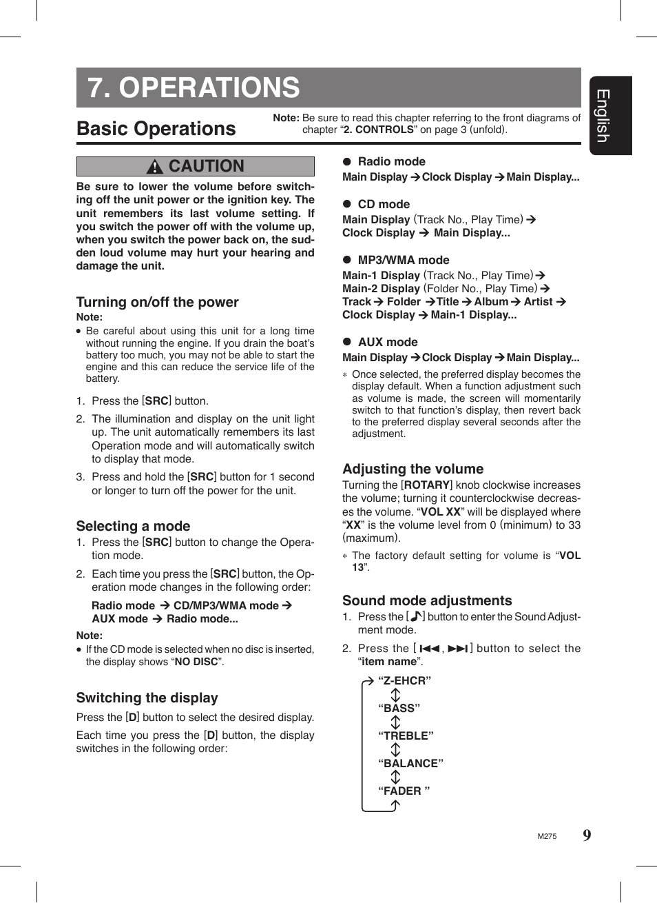 Operations, Basic operations, 9english | Caution | Clarion M275 User Manual | Page 8 / 25