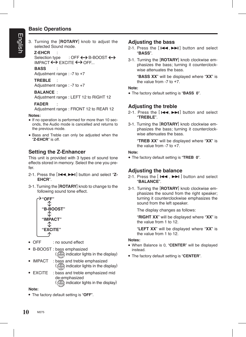 10 english, Basic operations, Adjusting the bass | Adjusting the treble, Adjusting the balance, Setting the z-enhancer | Clarion M275 User Manual | Page 9 / 25