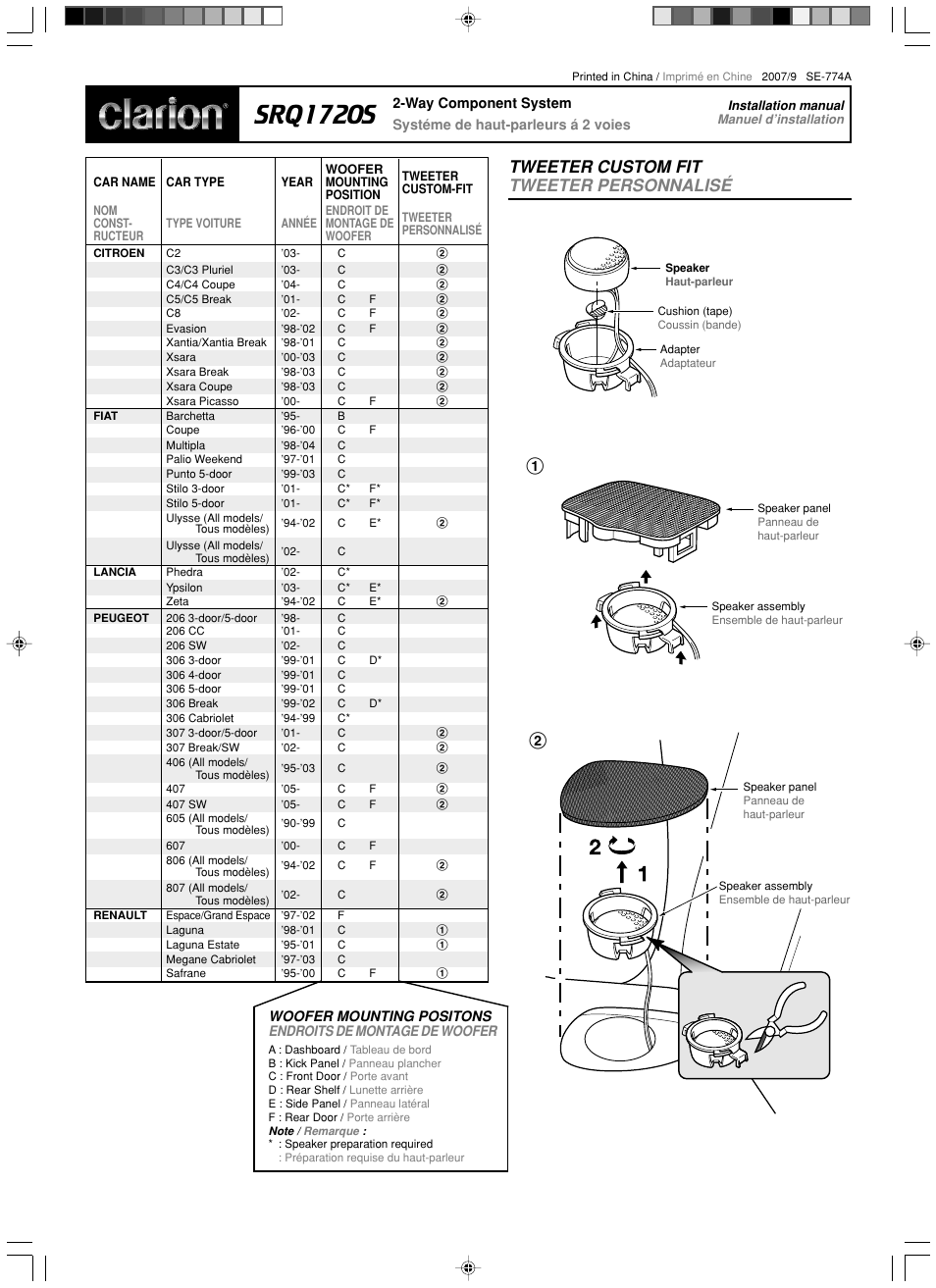 Srq1720s, Tweeter custom fit tweeter personnalisé | Clarion SRQ1720S User Manual | Page 3 / 4