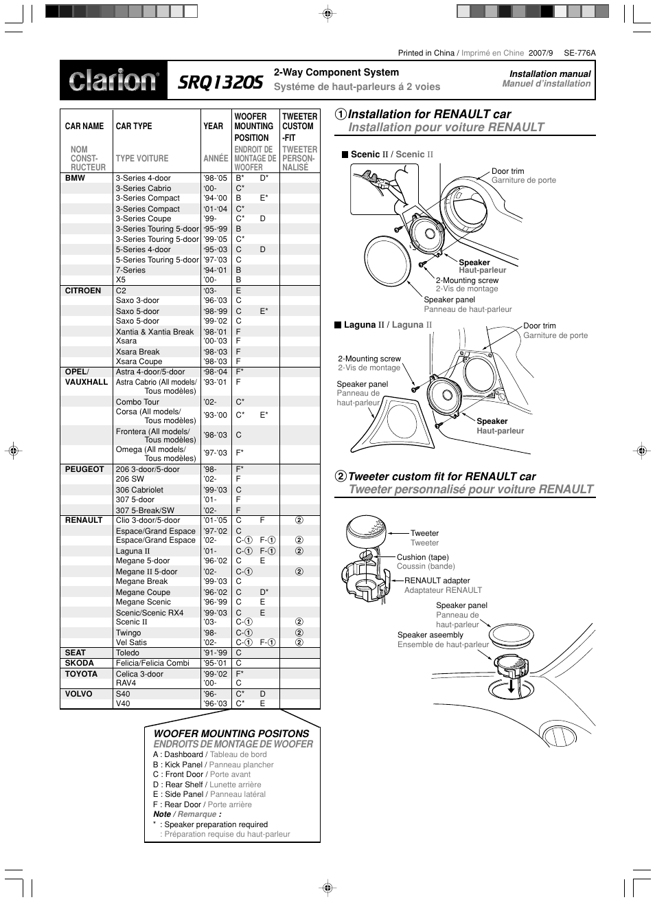 Srq1320s, Tweeter custom fit for renault car | Clarion SRQ1720S User Manual | Page 4 / 4