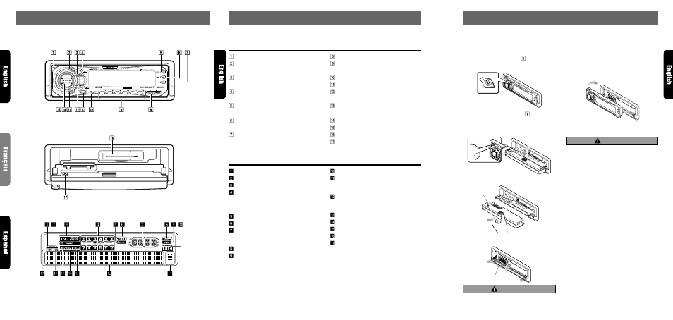 Nomenclature, Controls / les commandes / controles, Names of buttons | Display items, Caution, Source unit / appareil pilote / unidad fuente, Attaching the dcp, Removing the dcp | Clarion PROAUDIO ARX7570Z User Manual | Page 4 / 22
