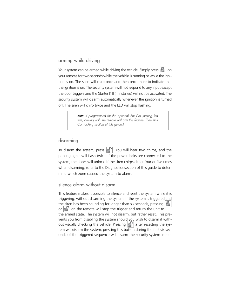 Arming while driving, Disarming, Silence alarm without disarm | Clarion S100 User Manual | Page 12 / 36