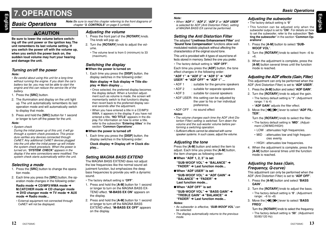 Operations, Basic operations, 13 english 12 | English, Caution | Clarion DXZ756MC User Manual | Page 12 / 34