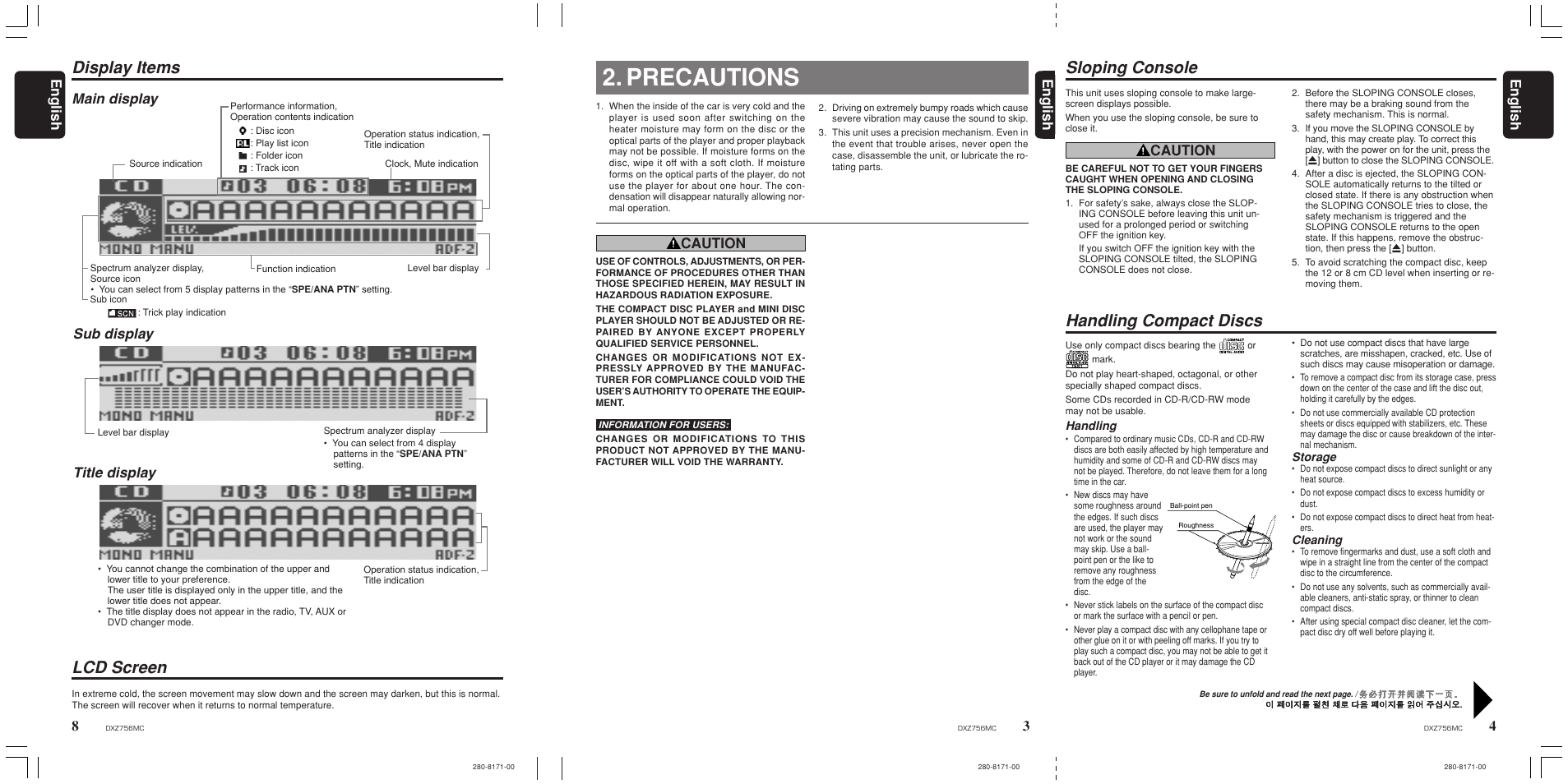 Sloping console, Handling compact discs, Precautions | Display items sloping console, Lcd screen, 4english english english, Caution, Main display sub display title display | Clarion DXZ756MC User Manual | Page 4 / 34