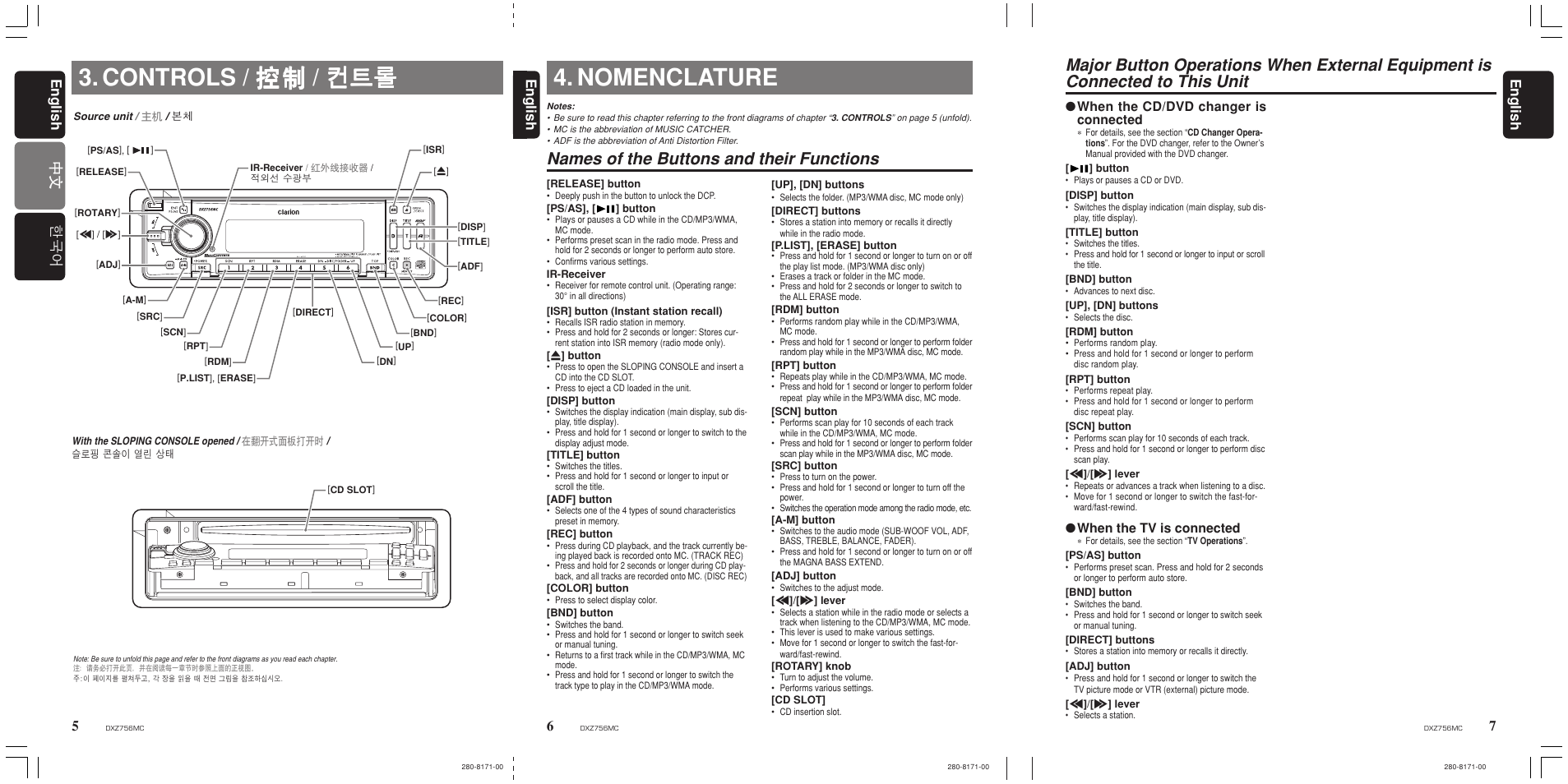 Controls, Nomenclature, Names of the buttons and their functions | Clarion DXZ756MC User Manual | Page 5 / 34
