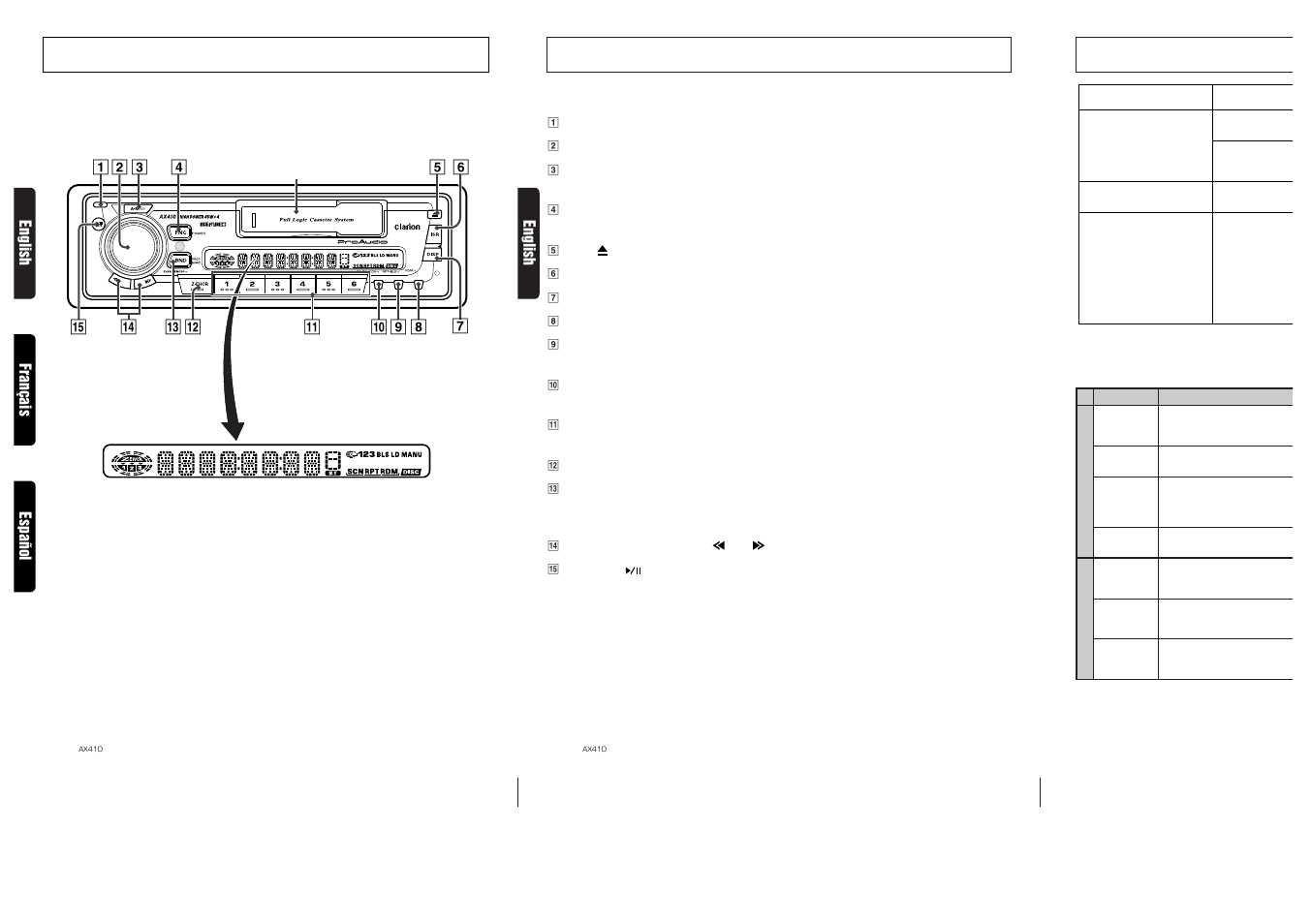 Controls / commandes / controles, Button terminology, Solución de | English | Clarion AX410 User Manual | Page 2 / 14