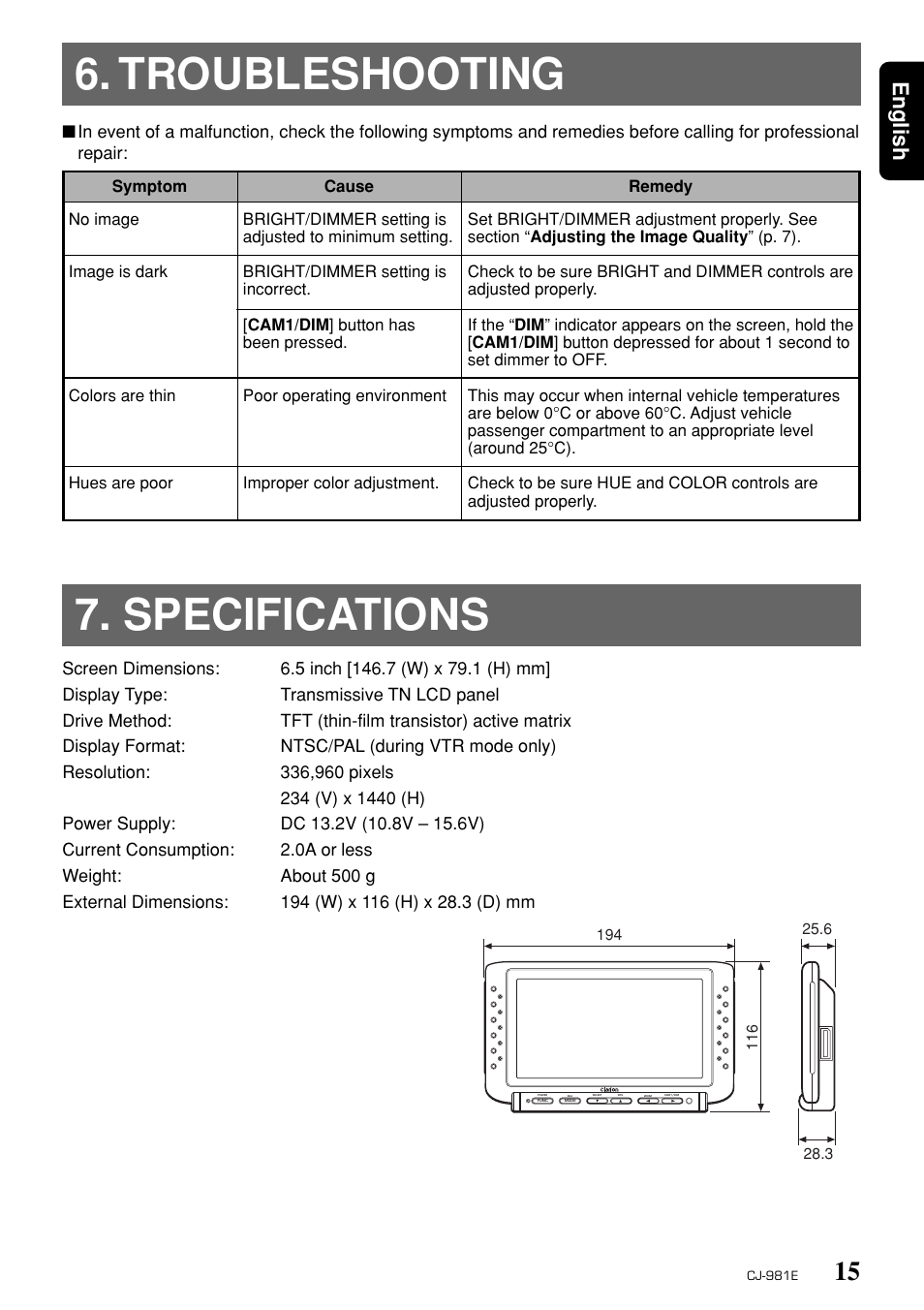 Troubleshooting, Specifications, English | Clarion CJ-981E User Manual | Page 13 / 15