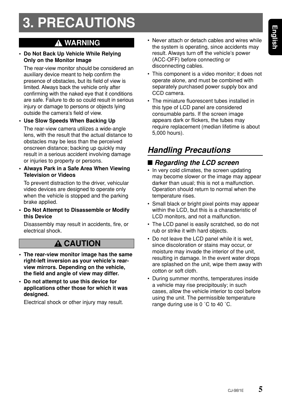 Precautions, Caution, Handling precautions | Warning | Clarion CJ-981E User Manual | Page 3 / 15