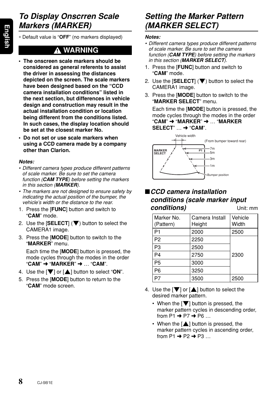 To display onscrren scale markers (marker), Setting the marker pattern (marker select), Warning | English | Clarion CJ-981E User Manual | Page 6 / 15