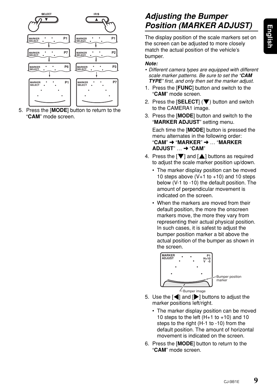 Adjusting the bumper position (marker adjust), English | Clarion CJ-981E User Manual | Page 7 / 15