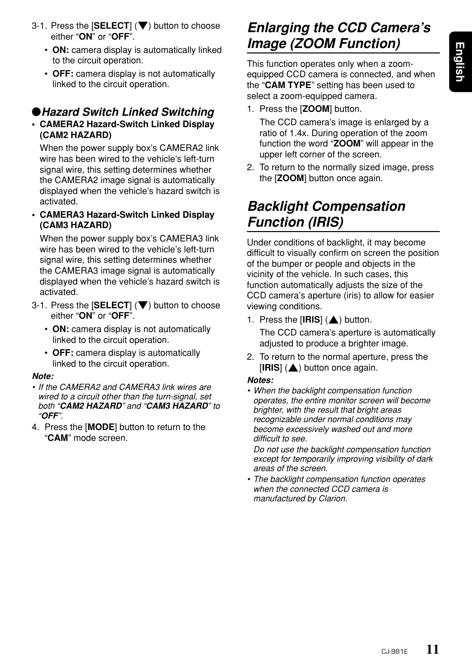 Enlarging the ccd camera’s image (zoom function), Backlight compensation function (iris), Hazard switch linked switching | Clarion CJ-981E User Manual | Page 9 / 15