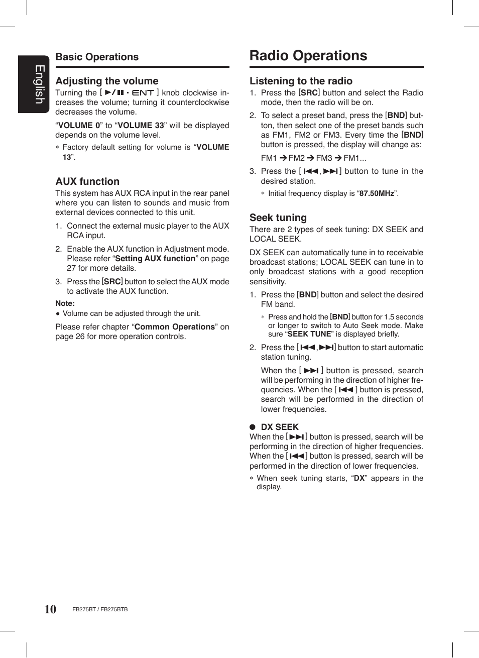 Radio operations, 10 english, Listening to the radio | Seek tuning, Basic operations aux function, Adjusting the volume | Clarion FB275BTB User Manual | Page 10 / 39