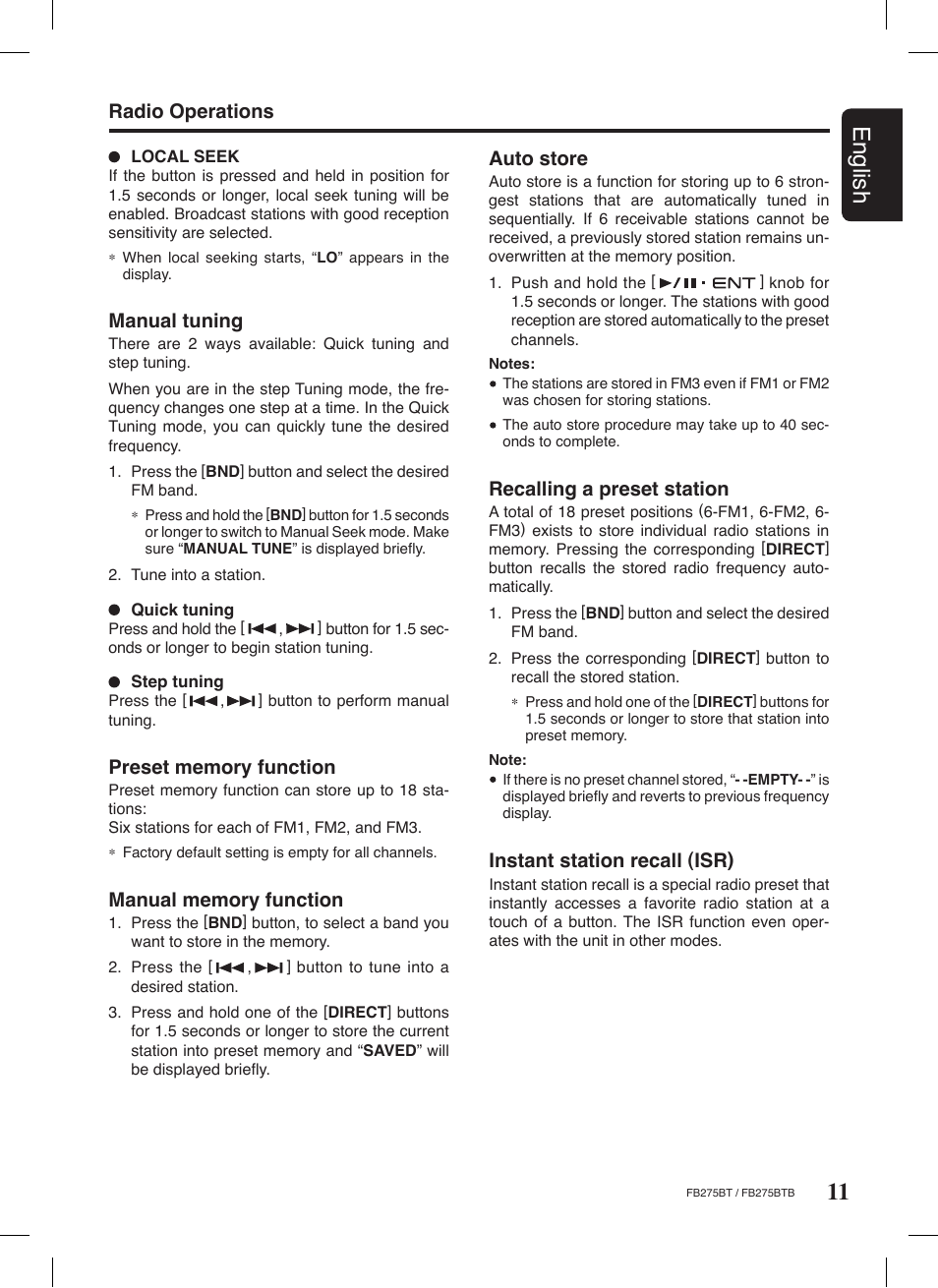 11 english, Recalling a preset station, Radio operations | Manual tuning, Auto store, Instant station recall (isr) | Clarion FB275BTB User Manual | Page 11 / 39