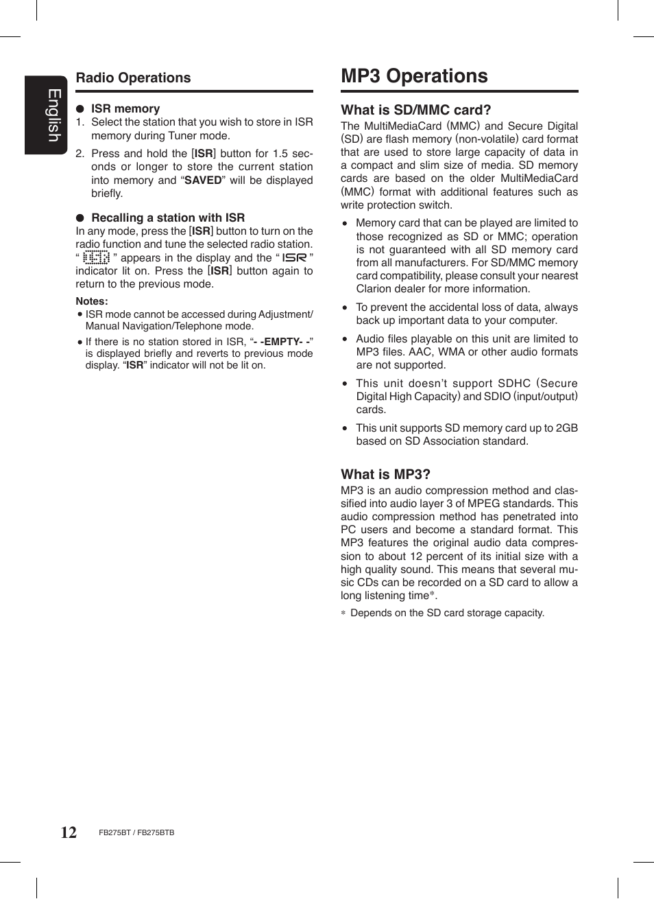 Mp3 operations, 12 english, What is sd/mmc card | What is mp3, Radio operations | Clarion FB275BTB User Manual | Page 12 / 39