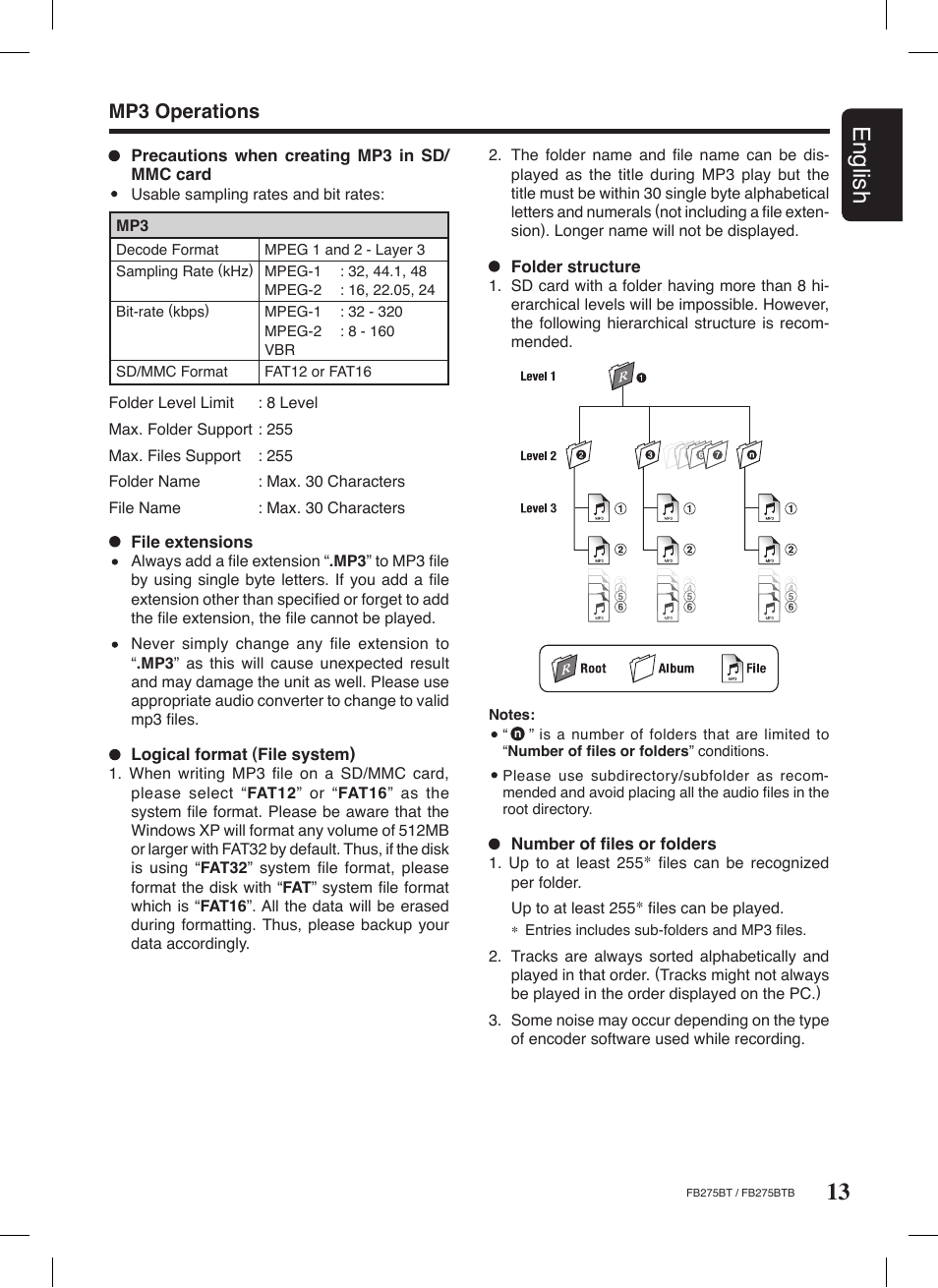 13 english, Mp3 operations | Clarion FB275BTB User Manual | Page 13 / 39