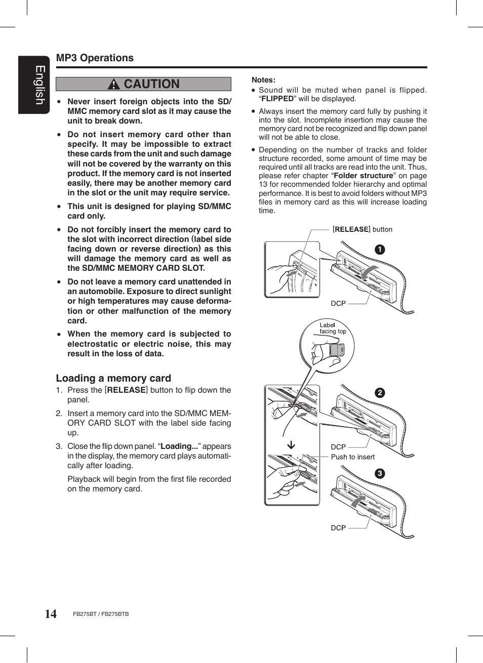 14 english, Caution, Mp3 operations | Clarion FB275BTB User Manual | Page 14 / 39