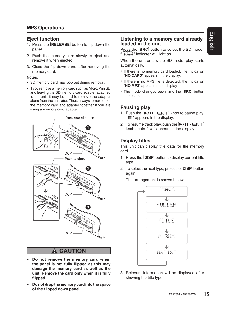 15 english, Caution, Eject function | Pausing play, Display titles | Clarion FB275BTB User Manual | Page 15 / 39