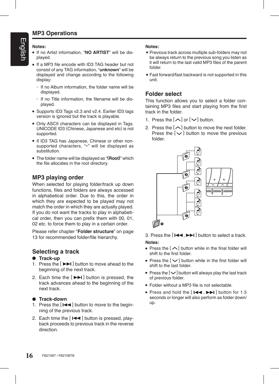 16 english, Folder select, Mp3 operations | Selecting a track, Mp3 playing order | Clarion FB275BTB User Manual | Page 16 / 39