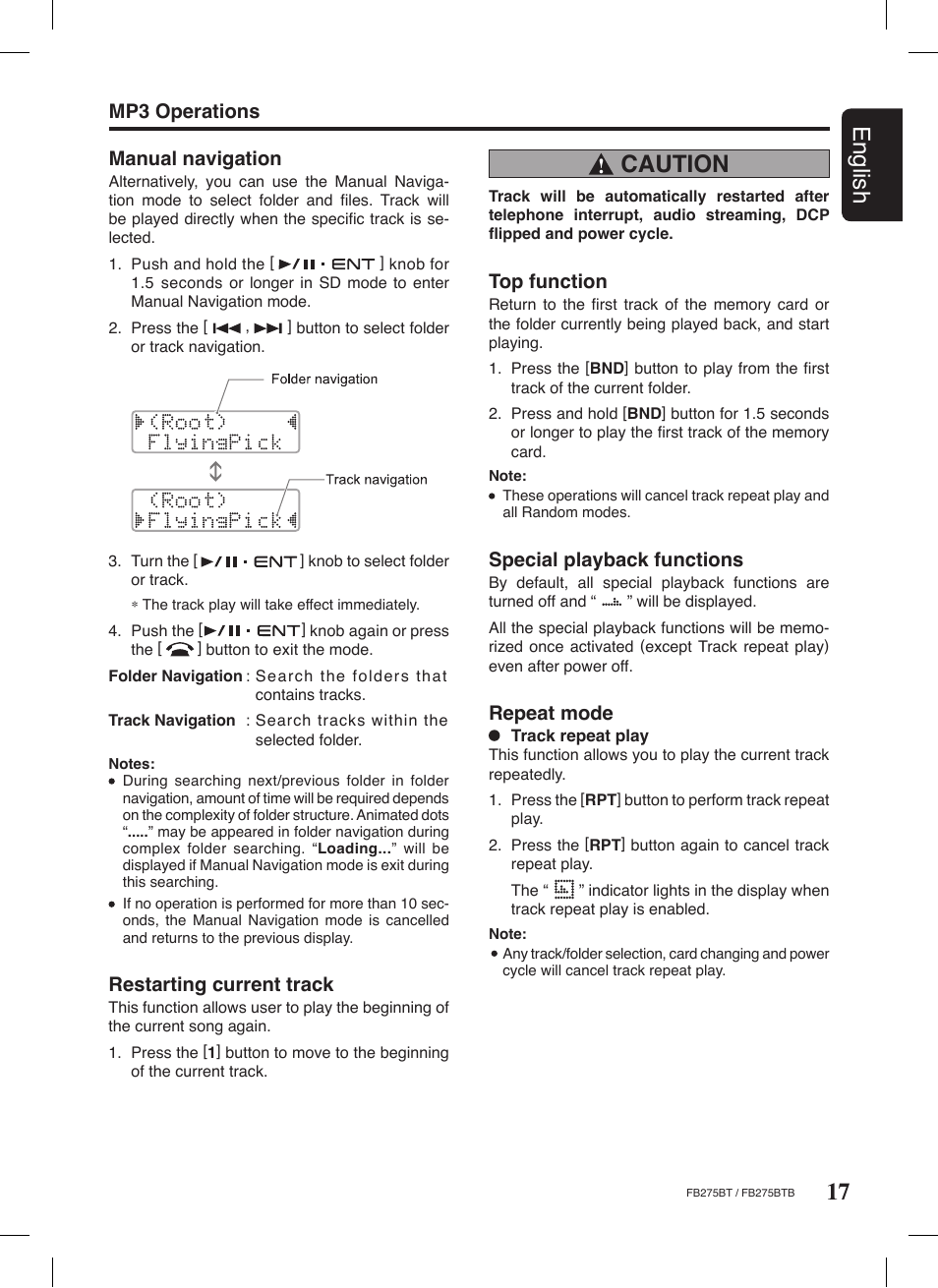 17 english, Caution, Mp3 operations manual navigation | Restarting current track, Top function, Repeat mode, Special playback functions | Clarion FB275BTB User Manual | Page 17 / 39