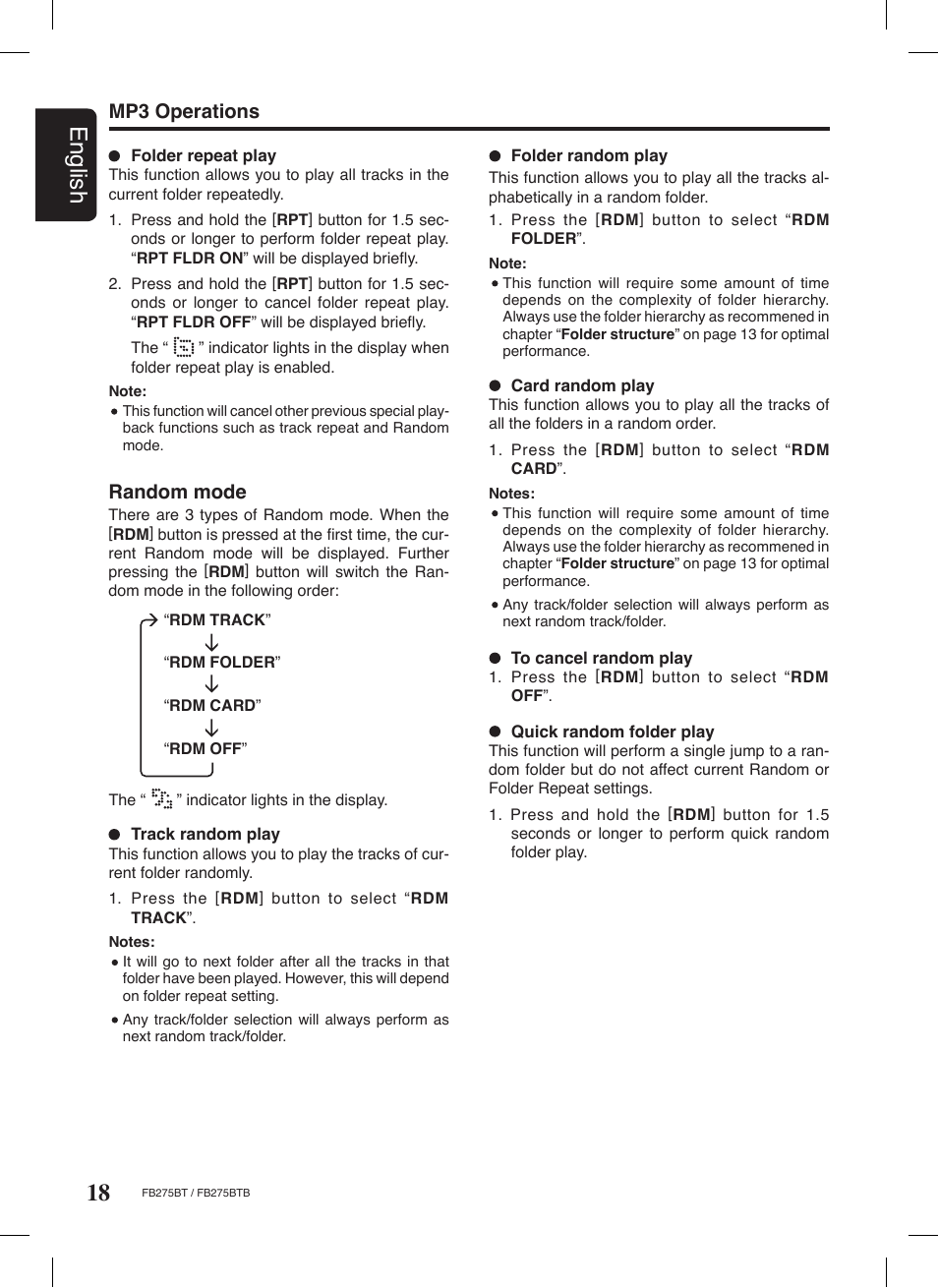 18 english, Mp3 operations random mode | Clarion FB275BTB User Manual | Page 18 / 39