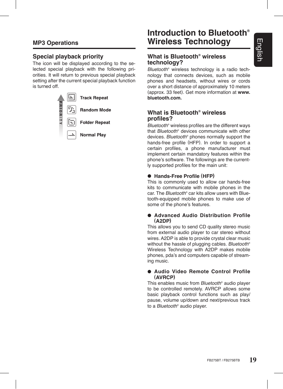 Introduction to bluetooth, 19 english, What is bluetooth | Wireless technology, Wireless proﬁles, Mp3 operations special playback priority | Clarion FB275BTB User Manual | Page 19 / 39
