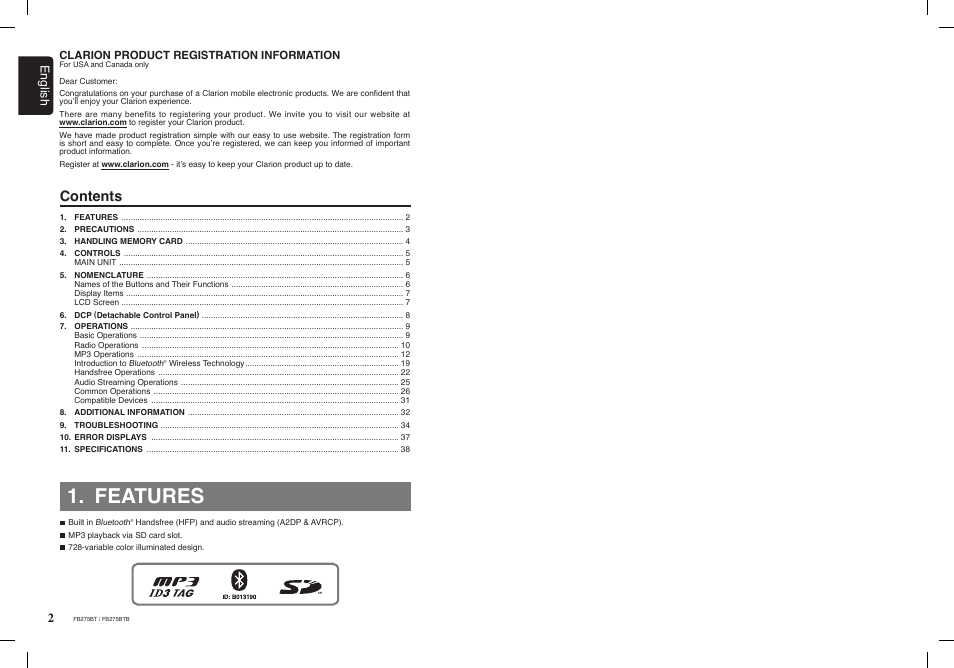 Clarion FB275BTB User Manual | Page 2 / 39