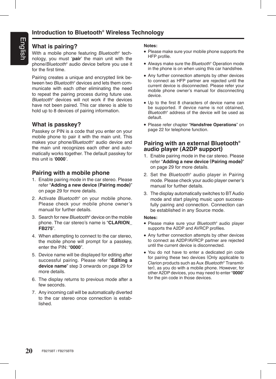 20 english, What is pairing, What is passkey | Pairing with a mobile phone, Introduction to bluetooth, Wireless technology, Pairing with an external bluetooth, Audio player (a2dp support) | Clarion FB275BTB User Manual | Page 20 / 39