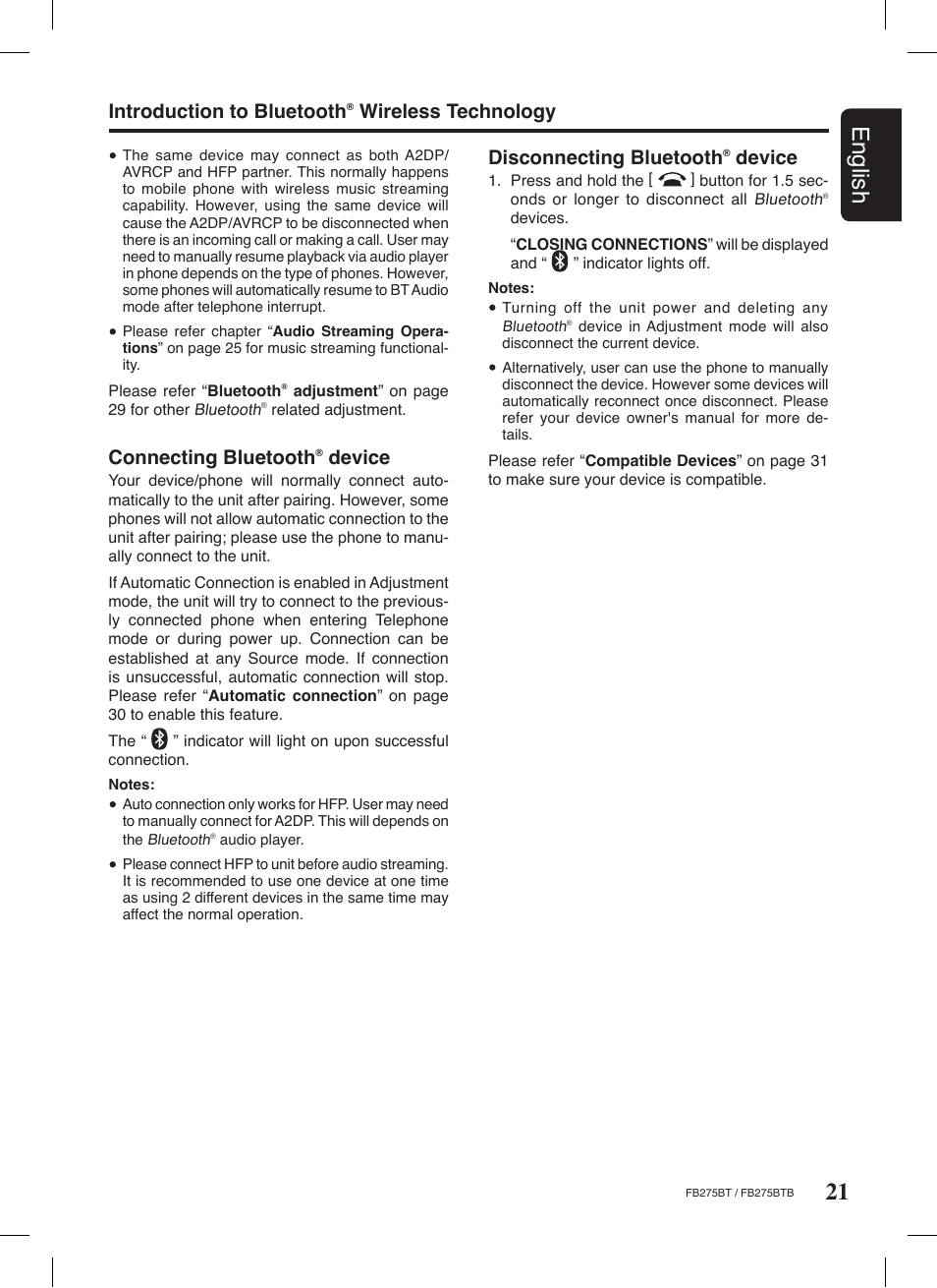 21 english, Introduction to bluetooth, Wireless technology connecting bluetooth | Device, Disconnecting bluetooth | Clarion FB275BTB User Manual | Page 21 / 39