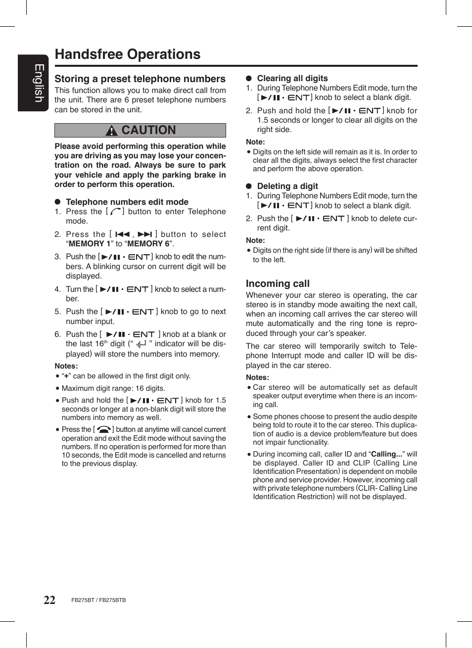 Handsfree operations, 22 english, Caution | Incoming call, Storing a preset telephone numbers | Clarion FB275BTB User Manual | Page 22 / 39