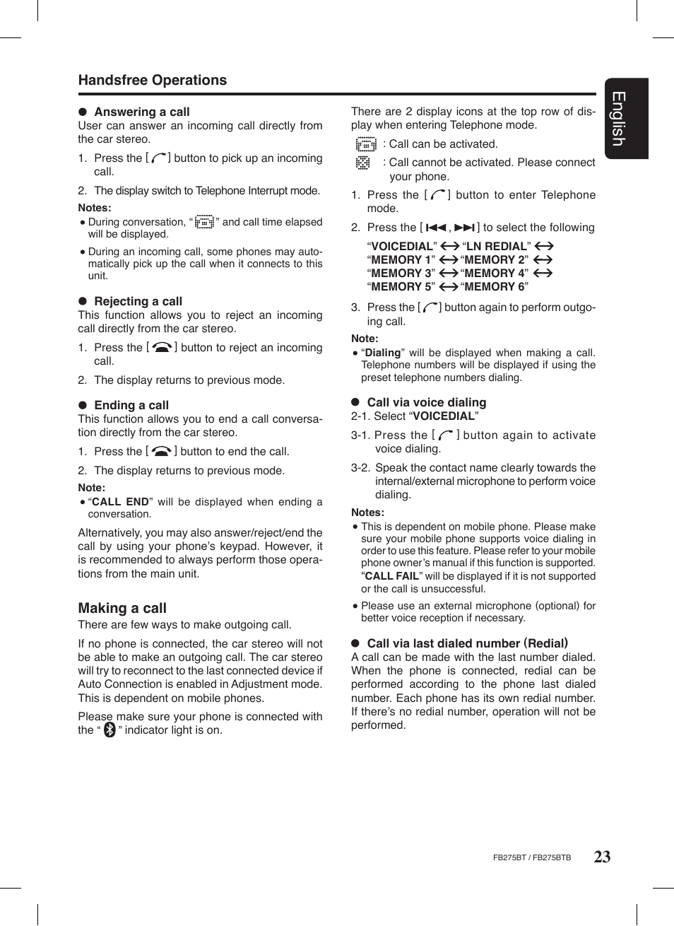 23 english, Making a call, Handsfree operations | Clarion FB275BTB User Manual | Page 23 / 39