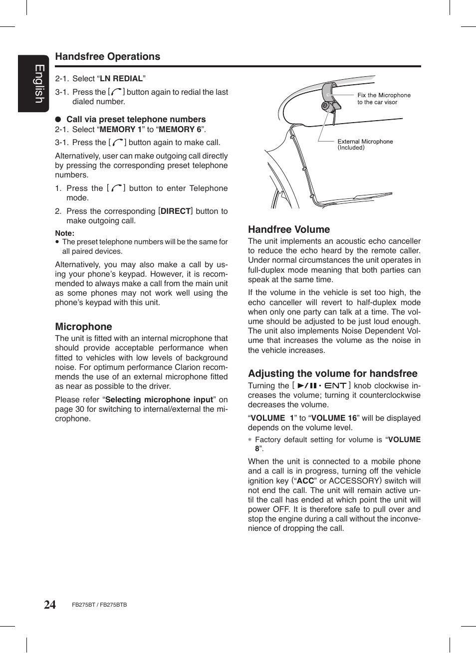 24 english, Microphone, Handfree volume | Adjusting the volume for handsfree, Handsfree operations | Clarion FB275BTB User Manual | Page 24 / 39