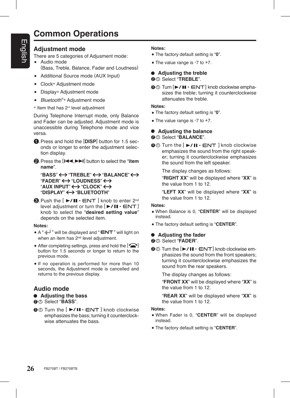 Common operations, 26 english, Audio mode | Adjustment mode | Clarion FB275BTB User Manual | Page 26 / 39