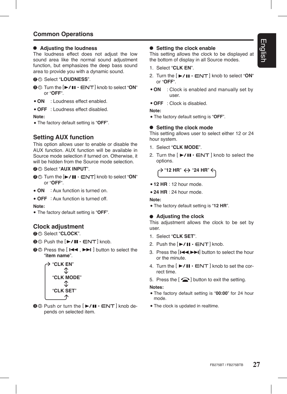 27 english, Common operations, Clock adjustment | Setting aux function | Clarion FB275BTB User Manual | Page 27 / 39