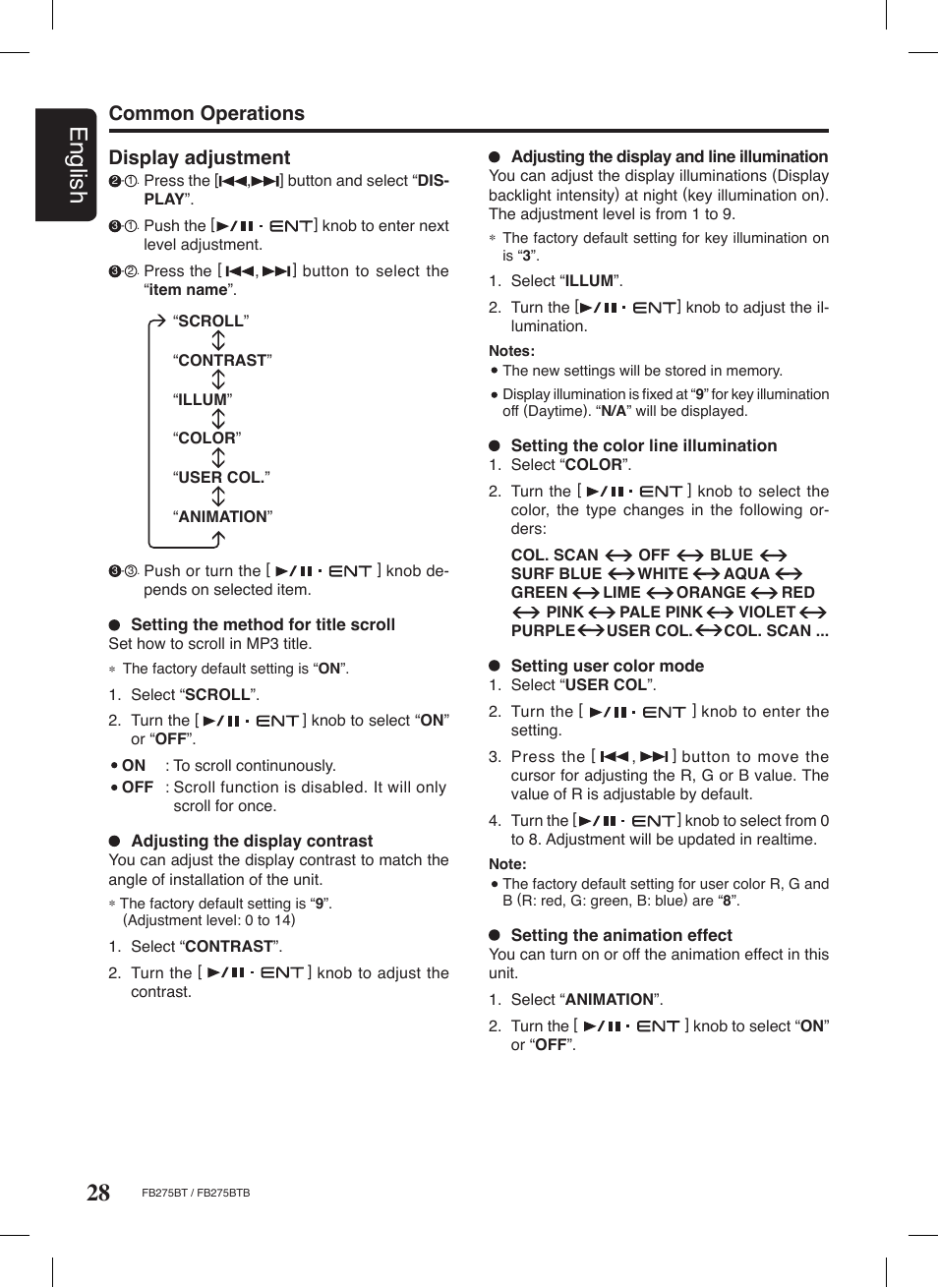 28 english, Common operations, Display adjustment | Clarion FB275BTB User Manual | Page 28 / 39