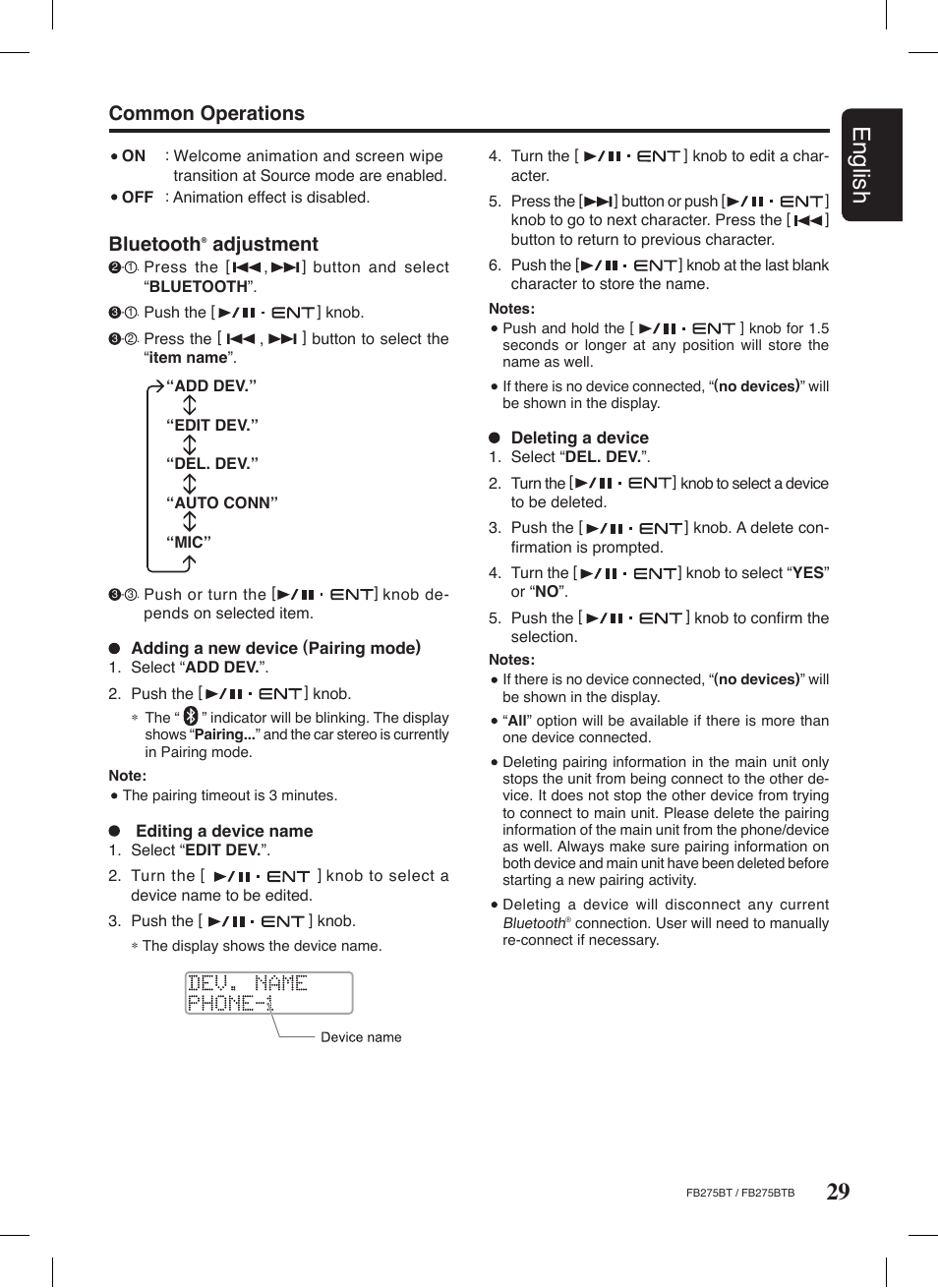 29 english, Bluetooth, Adjustment | Common operations | Clarion FB275BTB User Manual | Page 29 / 39