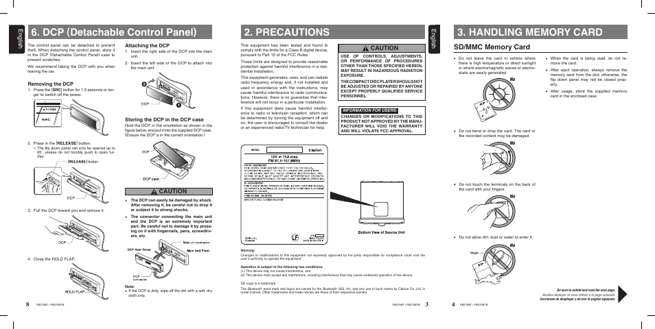 Precautions, Dcp (detachable control panel), Caution | English 3 8 english | Clarion FB275BTB User Manual | Page 3 / 39