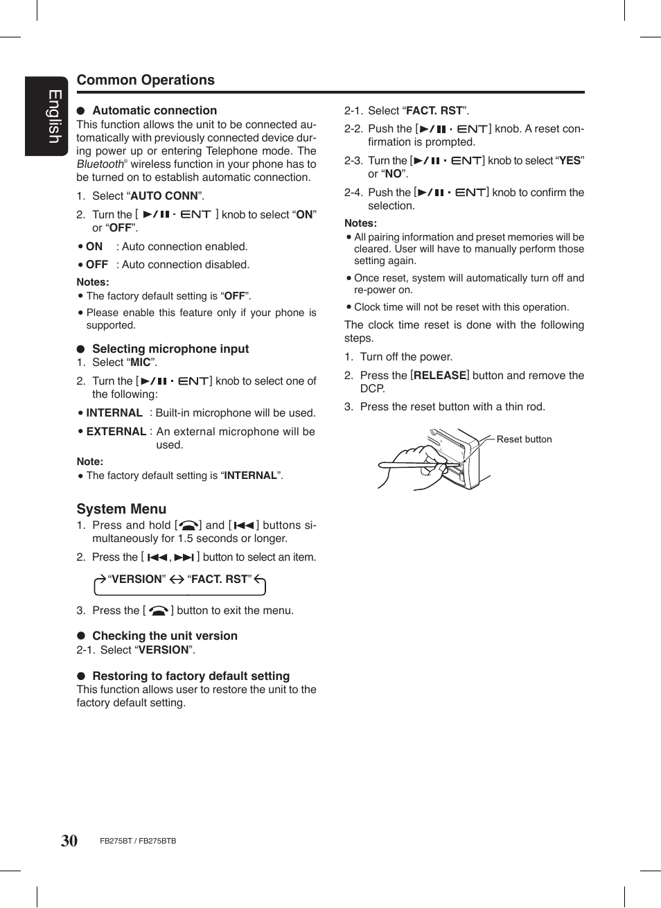 30 english, Common operations, System menu | Clarion FB275BTB User Manual | Page 30 / 39