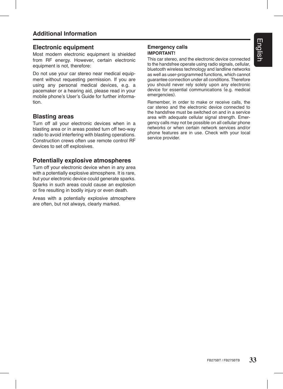 33 english, Additional information electronic equipment, Blasting areas | Potentially explosive atmospheres | Clarion FB275BTB User Manual | Page 33 / 39