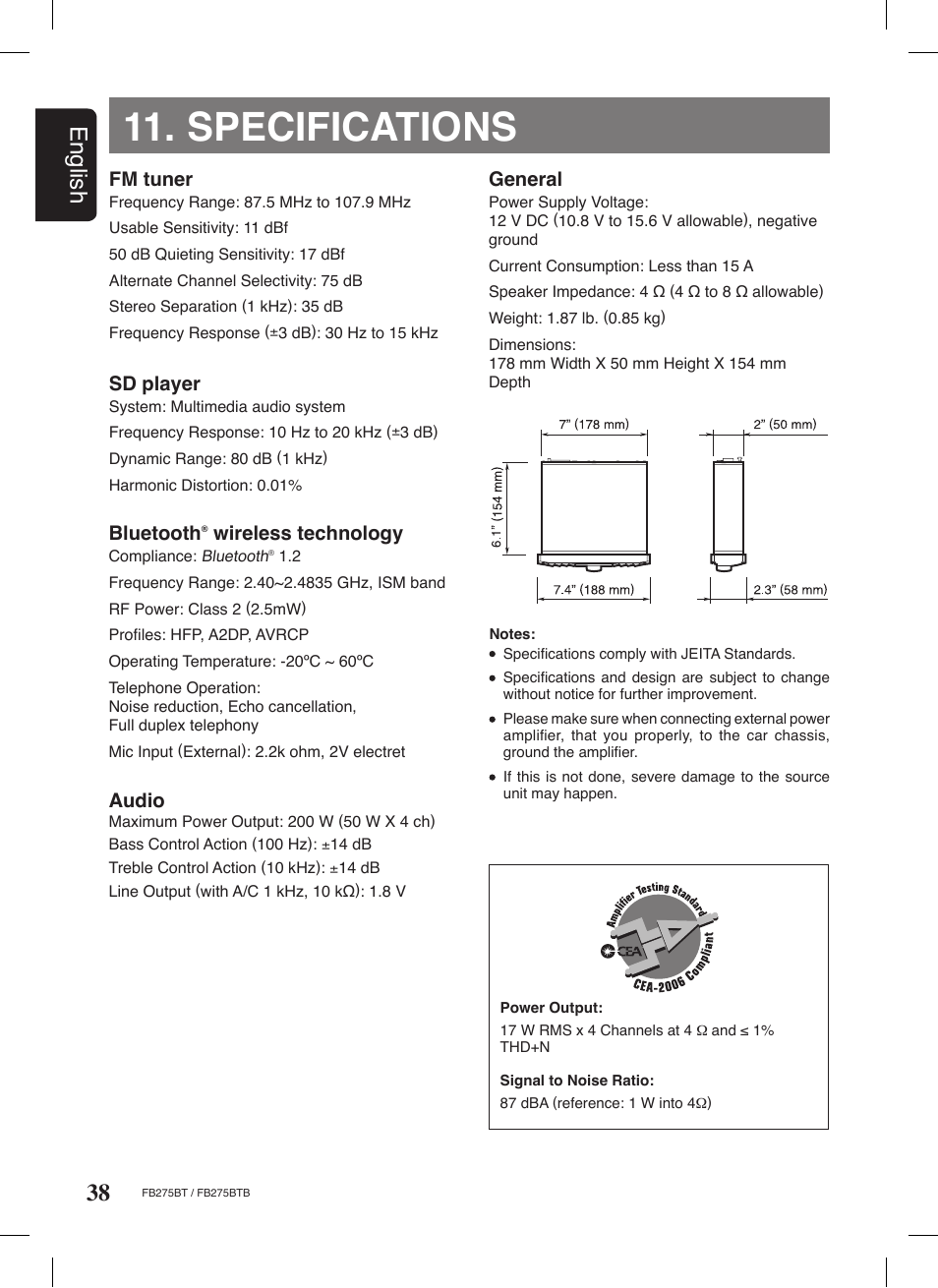 Specifications, 38 english | Clarion FB275BTB User Manual | Page 38 / 39